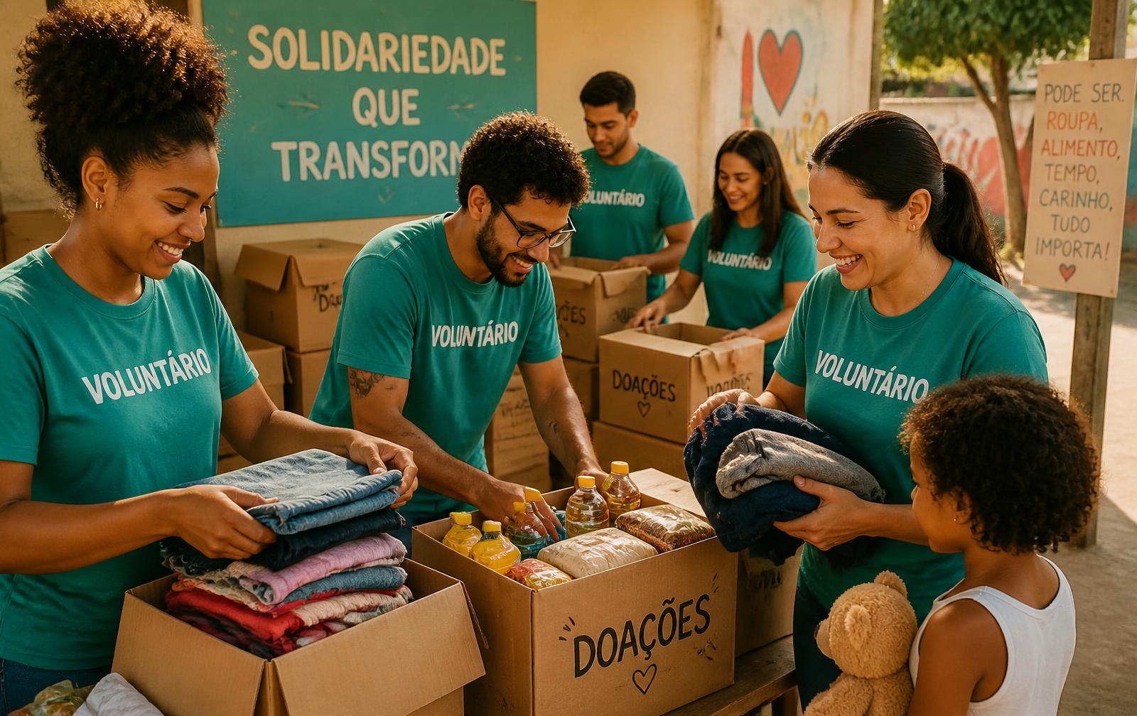 Voluntários organizando caixas de roupas e alimentos em um ponto de coleta comunitário